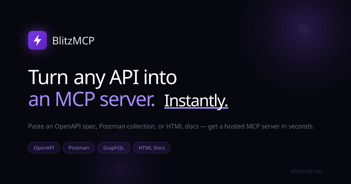 BlitzMCP product graphic showing that OpenAPI, Postman, GraphQL, and HTML documentation can be turned into an MCP server instantly